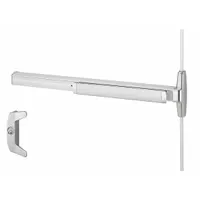 Surface vertical rod exit device with touchbar and night latch. Chrome finish. Designed for doors up to 3 ft wide. Suitable for commercial and industrial egress applications requiring push-pad actuation