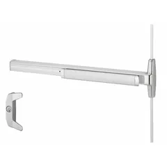 Surface vertical rod exit device with touchbar and night latch. Chrome finish. Designed for doors up to 3 ft wide. Suitable for commercial and industrial egress applications requiring push-pad actuation.