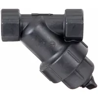 This Y strainer features a polypropylene body with 1-inch NPT connections and a 40-mesh 304 stainless steel screen. The EPDM seal provides chemical resistance. It is used in liquid pipelines to filter out solid particles, protecting downstream equipment in applications such as irrigation, chemical processing, and water treatment