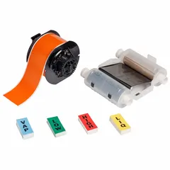 This starter kit includes a black ribbon cartridge, a 2.25 in x 1 in yellow ammonia (IIAR) label, and a black ribbon (118084). It is designed for use with the BBP35 printer and is compatible with the S3000 printer series. Used for creating pipe markers for ammonia systems in industrial facilities.