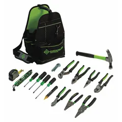 This 16-piece tool set includes a wire stripper, diagonal-cutting pliers, cable cutter, and two specialty screwdrivers. Tools are SAE-sized; no sockets are included. The set is supplied in a tool bag for organized storage and transport, suitable for electrical installation, maintenance, and repair tasks.