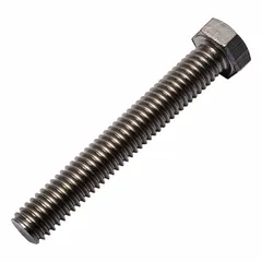 Grade 2 titanium hex head cap screw with plain finish, 3/8"-16 UNC threads, 2 1/2 inches long, fully threaded. Meets ANSI B18.8.1 dimensional and ASME B18.2.1 material standards. Suitable for corrosive or weight-sensitive industrial fastening applications.