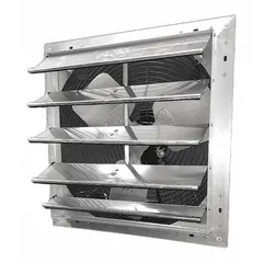 This 24-inch shutter-mount exhaust fan is designed for general industrial ventilation, removing heat, fumes, and stale air. It features a variable-speed, 1/4 hp totally enclosed air-over motor delivering 4,163 cfm at 115V AC. The aluminum construction provides corrosion resistance in typical factory, warehouse, and workshop environments.