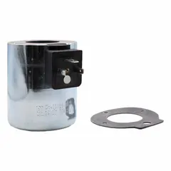 Replacement solenoid coil for Parker manifold valves. Features a DIN electrical connection type and operates at 24 VDC. Used in hydraulic and pneumatic control circuits for valve actuation in industrial fluid power systems.