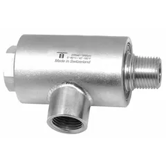 This MOSMATIC rotating joint is a plain 304 stainless steel elbow with a single passage. It features a 3/4 in threaded rotating shaft and is rated for a maximum speed of 130 RPM. Used to transfer fluid or gas from a stationary supply line into rotating machinery in industrial applications.