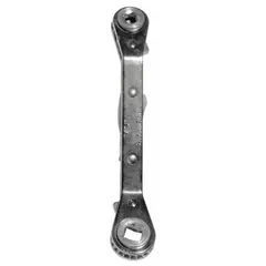 This 4-in-1 ratcheting box end wrench features four SAE sizes (1/4 in, 3/8 in, 3/16 in, 5/16 in) in a single tool with offset heads for improved access. The chrome finish provides corrosion resistance. Commonly used for tightening or loosening fasteners in confined spaces.