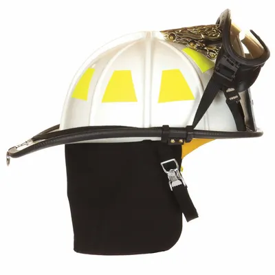 FIRE-DEX Fire Helmet: White, Fiberglass, Traditional Rear Brim, Chin Strap
