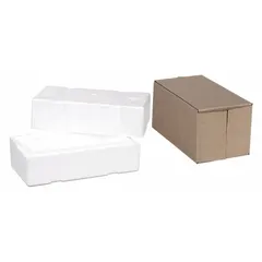 White polystyrene bottle mailer designed to securely hold a bottle container during transport or storage. Outside height 5 5/8 in, outside length 10 7/8 in. Suitable for laboratory, clinical, or field use.