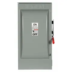 The Siemens HNF364R is a non-fusible safety switch rated for 200 A, three-phase, 600V AC. It features a galvanized steel enclosure suitable for indoor and outdoor use. This switch is used to safely disconnect electrical power for maintenance or emergency shutdown in industrial and commercial applications.
