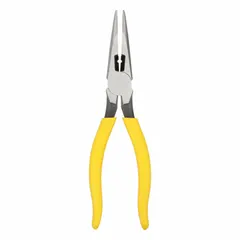 Needle-nose pliers with 8 1/2 in overall length, 2 3/8 in jaw length, 1/8 in tip width, and 1 1/4 in max jaw opening. Used for precision gripping, bending, and cutting wire in confined spaces.