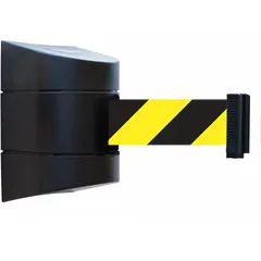 This wall-mount retractable belt barrier features a 30 ft black/yellow belt and a black frame. It is used for crowd control, queue management, and safety delineation in high-traffic areas. The high-visibility belt guides pedestrian flow and marks hazards.