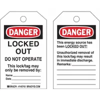 BRADY Danger Tag: Danger, Locked Out Device, Polypropylene, Date/Name, Write-On Surface, English (MPN 145769)