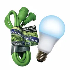 String fixture kit with a single socket and 6 ft cord, plug-in design. Includes a Type A LED bulb rated at 40W, operating at 120V AC. Suitable for indoor plant lighting applications such as small grow tents, shelves, or propagation areas.