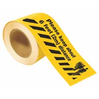 Polyester floor marking tape with black legend on yellow background reading 'Please keep about 6 feet (2m) distance'. Measures 4 inches wide by 100 feet long. Used to indicate social distancing guidelines in facilities and public areas