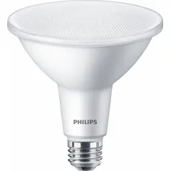 This PHILIPS PAR38 LED lamp operates at 120V with 10W power consumption, delivering 1000 lumens at 2700K color temperature. It features a clear finish, medium screw (E26) base, and shatter-resistant construction. Suitable for accent, track, and recessed lighting applications requiring precise beam control.