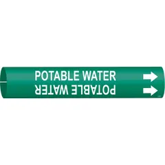 Green snap-on pipe marker with white legend 'Potable Water' and directional arrows. Fits pipe outer diameters of 4 to 6 inches. Used to identify potable water lines in industrial piping systems for safety and compliance.