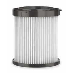 This DEWALT cartridge filter is a HEPA wet/dry cloth filter designed for Dewalt vacuums using part number DC500. It captures fine dust and handles liquid debris, suitable for general debris collection and fine dust filtration in industrial environments.