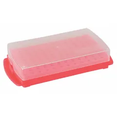 This polypropylene test tube rack is designed for benchtop use, holding up to 96 sample tubes. It measures 4 3/4 in wide, 2 in high, and 9 3/4 in long. The pink color aids in visual identification, and the material resists chemicals and corrosion. Suitable for organizing and storing tubes in laboratory, research, or clinical settings.