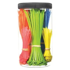 This cable tie assortment kit contains 500 pieces, including 100 pink ties measuring 4.0 inches. Made from Nylon 6/6 with a plastic pawl locking mechanism, the ties are suitable for bundling and securing wires, cables, and hoses in electrical installations and general maintenance tasks.