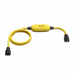 This inline GFCI cord provides ground fault protection for power tools and equipment. It features a 6 ft length, 12/3 SJTW cable, NEMA 5-20P plug, and NEMA 5-20R receptacle. Rated 20 A at 125V AC, it includes manual reset functionality to prevent accidental restart after a fault.
