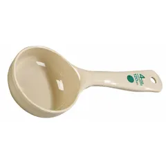 Solid polycarbonate portion control spoon with a short handle, designed for dispensing consistent 4 oz servings of solid foods. Beige/green color. NSF certified for use in commercial foodservice environments such as cafeterias and institutional kitchens.