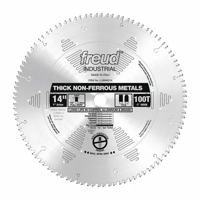 FREUD Circular Saw Blade: 14 in Blade Dia., 100 Teeth, 0.14 in Cut Wd, 1 in Arbor Size - Aluminum & Soft Metal-Cutting Blades