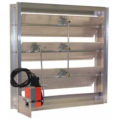 Rectangular motorized control damper with flat blades and TPV blade seal material. Features a normally open switch action and operates on 100/240V AC. Designed for use in HVAC duct systems to regulate airflow, with a maximum air velocity of 3500 fpm.