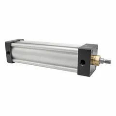 NFPA aluminum square-head cylinder with single rod configuration. Bore diameter 1 1/2 in, stroke length 3 1/2 in. Includes magnetic piston and sleeve nut. Used in pneumatic systems for linear motion in industrial automation and manufacturing.