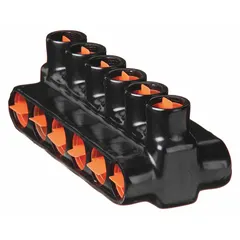 Double-sided entry multitap connector with 6 ports, accommodating wire sizes from 6 AWG to 500 kcmil. Constructed with an aluminum body and black finish. Suitable for splicing and tapping multiple conductors in dry-location electrical installations such as industrial panels, switchgear, and junction boxes.