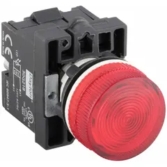 Red LED pilot light with 22 mm panel mounting size. Rated for 120 V AC supply voltage. Used as a visual indicator in industrial control panels to signal equipment status such as power-on or alarm conditions.