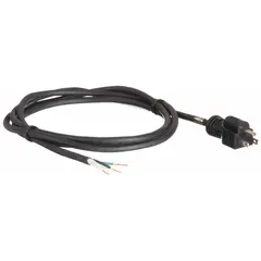 This 12-foot power cord features a rubber jacket and 3/14 gauge SJO cable. It is terminated with a 5-15P plug on one end and bare wires on the other, rated for 125V AC. Suitable for hardwiring into equipment or machinery that requires a direct connection to a power source.