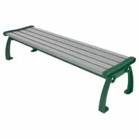 This vandal-resistant resinwood bench from the Heritage series features a gray plank seat and green frame. With an overall length of 72 inches and height of 17 inches, it is suited for outdoor seating in public parks, campuses, and commercial landscapes