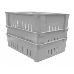 This composite stacking tub withstands temperatures from -60°F to 250°F, suitable for washdown environments requiring hot water or steam sanitation. The vented wall design allows drainage and airflow. Lid not included.