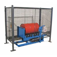 This safety enclosure is constructed from steel with a gray baked-enamel finish. It measures 40 in x 88 in x 63.25 in and features a 3 ft door opening width. Designed to contain drum roller mixers during operation, it provides a barrier to reduce spill risks in industrial settings handling 55-gallon drums.
