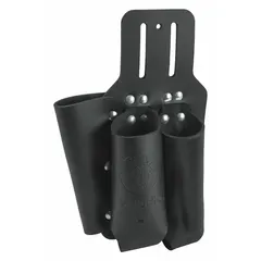 Black leather tool pouch with three open-top pockets designed for carrying pliers. Attaches to work belts up to 2 inches wide via a belt slot. Suitable for trades requiring quick access to pliers on the job.