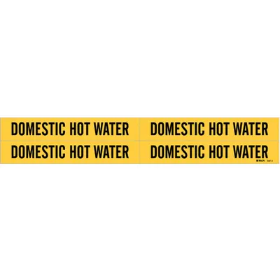 BRADY Pipe Marker: Domestic Hot Water, Yellow, Black, Fits 3/4 to 2 3/8 in Pipe O.D. - Domestic Hot Water Adhesive Pipe Markers