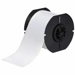White gloss polyester continuous label roll for outdoor use. Halogen-free material. Compatible with S3000 printer series. Used for industrial labeling and identification in outdoor environments.