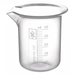 APPROVED VENDOR Low Form Plastic Beaker, 50 mL, Clear Polypropylene, Molded Graduations