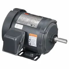 Totally enclosed fan-cooled 3-phase AC motor with rigid base mounting. Delivers 1/3 hp at 1,765 RPM on 60 Hz, with full load current of 2.6-2.7/1.3 A at 208-230/460V AC. Suitable for industrial applications such as pumps, fans, conveyors, and compressors in dusty or dirty environments.