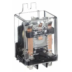 Surface-mounted relay with side flange mounting and octal base. DPDT configuration with 10 A current rating at 240V AC for inductive loads. 24V DC coil and quick-connect terminals. Suitable for industrial control panels, HVAC systems, and automation equipment.