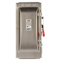 Fusible safety switch rated 100 A, three-phase, 600V AC. Housed in a 316 stainless steel enclosure for corrosion resistance. Suitable for indoor or outdoor installation. Provides disconnection and overcurrent protection in industrial environments.