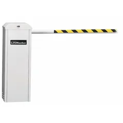 Battery-backed arm-barrier gate operator for single-swing gates. Operates on 120/230V AC with a 2.5-second gate speed. Includes 850LM universal receiver for remote control. Red finish.