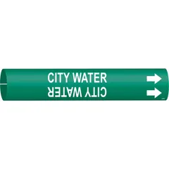 Green pipe marker with white 'City Water' legend and directional arrows. Fits pipe outer diameters from 3/4 to 1-3/8 inches. Used to identify city water lines in plumbing, HVAC, and municipal water systems.