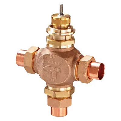 JOHNSON CONTROLS Hydronic Globe Valve: 3-Way, 7.3 CV Flow, 3/4 in Female Union Sweat, Bronze Body - 3-Way Union Sweat Connection Globe Valves