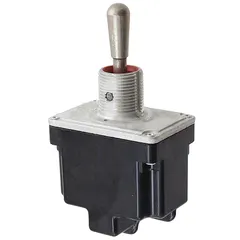 Panel-mount toggle switch with DPDT contacts and 6 screw terminal connections. Switch function is momentary On/Off/On. AC contact rating 10 A @ 125 V, horsepower rating 1/4 hp @ 125V AC. Suitable for industrial control circuits requiring momentary switching, such as machine controls and process equipment.
