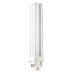 This PHILIPS PL-C compact fluorescent lamp features a double twin-tube design with a 4-pin G24q-3 base for plug-in installation. It produces 1800 lumens at 3000K warm white color temperature and is dimmable, suitable for general ambient or task lighting in commercial and institutional spaces.