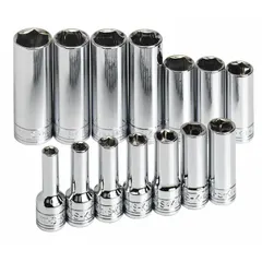 This 14-piece metric socket set includes 12-point deep sockets from 6 mm to 19 mm with a 3/8 in drive. The friction ball retainer secures sockets on the drive tool. Suitable for tightening and loosening metric fasteners in automotive, industrial, and mechanical applications.