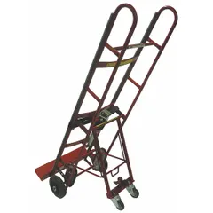 Vertical dual-loop hand truck with red finish and 8 in tread-on-core wheels. Ratchet strap tightening secures loads. Used for moving heavy appliances and equipment in warehouses, retail, and delivery settings.