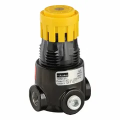 Parker 14R013FC is a compressed air regulator with a zinc body, 1/8 in NPT ports, and a knob adjustment. It has a flow capacity of 13 scfm and an operating pressure range of 0 psig to 125 psig, with a maximum inlet pressure of 300 psig. Used in pneumatic circuits to reduce and stabilize supply pressure for air tools and automation equipment.