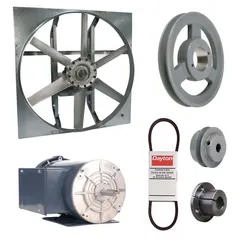 Unassembled belt-drive panel exhaust fan with drive package. Features a 30-inch blade, 1 1/2 hp motor, and 13,639 cfm airflow. Operates on 115/208-230V AC single-phase power. Motor is totally enclosed fan-cooled with Class B insulation. Frame is zinc-plated steel with cast construction. No intake guards included. Suitable for high-volume air exhaust in industrial and commercial spaces.